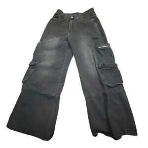 ROMWE Y2K Wide Leg Cargo Jeans Black Multi Pocket Grunge Baggy Women L 8/10